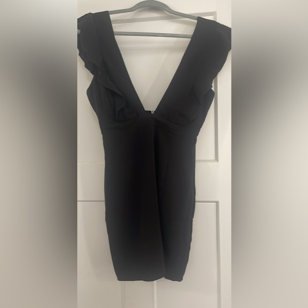 superdown Black Deep V Ruffle Mini Dress